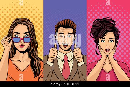 Drei Pop-Art-Figuren Stock Vektor