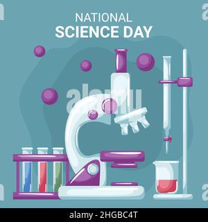 Nationaler Wissenschaftstag mit Mikroskop mit Proben in Reagenzgläsern und einem universellen Laborständer Stock Vektor