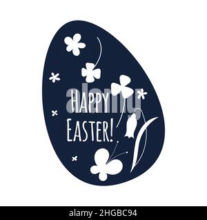 Ei und Schriftzug isoliert auf weißem Hintergrund. Das Symbol des Osterfestes. Silhouette mit Grußansage. . Vektorgrafik. Frohe Ostern Gruß Stock Vektor