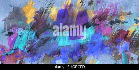 Abstraktes Acryl-Gemälde in Blau und Lila. Horizontales Fragment moderner Kunst Stockfoto