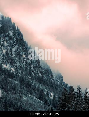 Österreich, steg , Eine wunderschöne Berglandschaft im Winter mit Bäumen, Smog Himmel Stockfoto