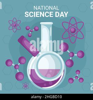 Nationaler Wissenschaftstag mit einem volumetrischen Kolben mit einer Lupe mit einem Hintergrund von Atomen und Molekülen Stock Vektor