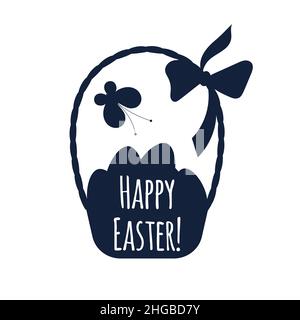 Osterkorb mit Eiern und Schriftzug isoliert auf weißem Hintergrund. Das Symbol des Osterfestes. Silhouette mit Grußansage. . Vektorgrafik Stock Vektor