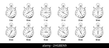 Realistische klassische Stoppuhr-Symbole. Chronometer aus glänzendem Metall, Zeitmesser mit Zifferblatt. Countdown-Timer, der Minuten und Sekunden anzeigt. Zeitmessung für Stock Vektor