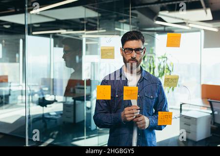 Der junge bärtige Executive Manager Businessman CEO schreibt seine Strategieideen auf Notizen auf einer Tafel und leitet die Präsentation eines Geschäftsplans Stockfoto