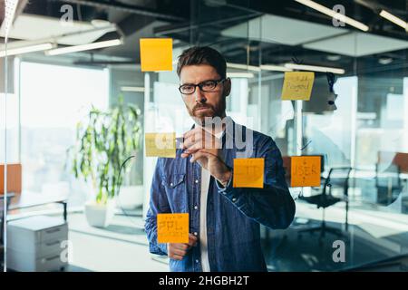 Der junge bärtige Executive Manager Businessman CEO schreibt seine Strategieideen auf Notizen auf einer Tafel und leitet die Präsentation eines Geschäftsplans Stockfoto