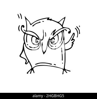 Runde lustige Eule Vogel. Zeichentrickfigur. Skizze umreißen. Die Handzeichnung ist auf einem weißen Hintergrund isoliert. Vektor Stock Vektor