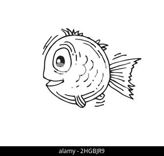 Lustige runde Fische. Cartoon Tier Charakter. Unterwasserwelt. Skizze umreißen. Die Handzeichnung ist auf einem weißen Hintergrund isoliert. Vektor Stock Vektor