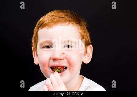 Ein Junge isst Erdbeeren und hält Beeren in den Händen, ein Porträt eines Kindes im Sommer beim Essen Stockfoto