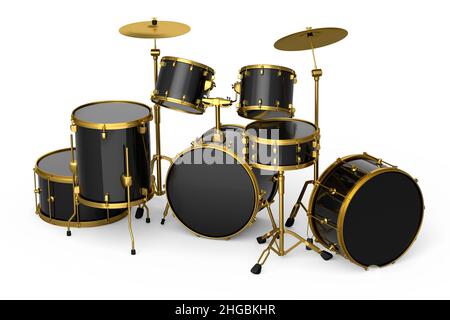 Set aus realistischen Trommeln mit Metallbeckenspielen oder Drumset auf weißem Hintergrund Stockfoto