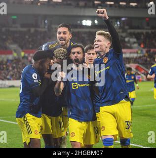 London, Großbritannien. 19th Januar 2022. London, Großbritannien. 19. Januar - Brentford gegen Manchester United - Premier League - Brentford Community Stadium Marcus Rashford und Manchester United feiern ihr 3rd-Tor während des Premier League-Spiels im Brentford Community Stadium, London. Bildnachweis: Kredit: Mark Pain/Alamy Live Nachrichten Stockfoto