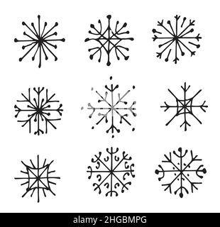 Schneeflocken. Set von Winterobjekten. Kalter Winter. Skizze umreißen. Die Handzeichnung ist auf einem weißen Hintergrund isoliert. Vektor Stock Vektor
