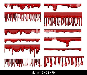 Satz von roten Streifen von Flüssigkeit. Kirsch-, Pflaumen- oder Erdbeermarmelade. Rote Farbe läuft von dick. Tropfen gleiten. Isoliertes Objekt auf weißem Hintergrund. Rahmen Stock Vektor