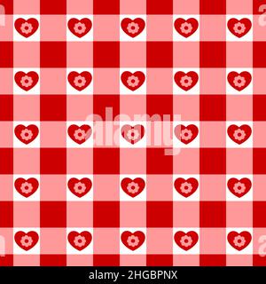 Vichy Nahtloses Muster mit Herzen. Karierte Valentinstag-Textur für Picknickdecke, Tischdecke, Karierte. Stoffhintergrund, Retro-Gingham-Design. Vektorgrafik flach Stock Vektor