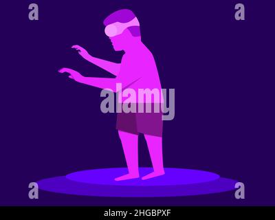 Ein Mann in Shorts und einer Virtual-Reality-Brille. Telearbeit von zu Hause aus mit einem VR-Headset, Geschäfte im Metaverse. Handsteuerung der virtuellen Realität. Rosa Stock Vektor