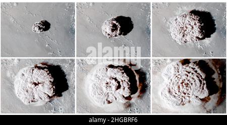 Sequenz von Standbildern, die den heftigen Ausbruch und die massive Pilzwolke zeigen, während sie vulkanische Asche aus dem Unterwasser-Vulkan Hunga Tonga-Hunga Haʻapai explodiert, aufgenommen vom GOES-West-Satelliten über dem Südpazifik, 15. Januar 2022 auf den Tonga-Inseln. Die Explosion schickte eine Aschewolke 100.000 Fuß in die obere Atmosphäre und Tsunami-Wellen bis nach Kalifornien. Stockfoto