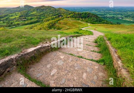 Ein Hund, der auf dem Weg steht, der sich entlang der Hügellandschaft Malvern schlängelt, mit einer wunderschönen Aussicht über die umliegenden Grafschaften, durch eine Stockfoto