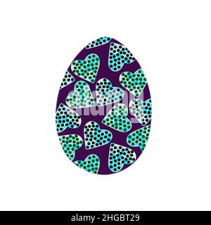 Osterei – mit Marmorherzen auf violettem, auf weißem Hintergrund isoliertem Hintergrund. Punktmuster. Design für Hintergrund, Deckel und Verpackung, Ostern und Lebensmittel Illustration, Karte. Stockfoto