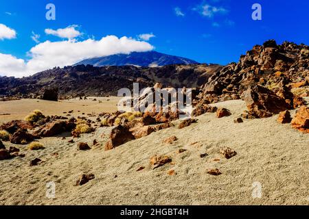 Panoramablick auf die Landschaft der San Jose Minen, aus Bimsstein und vulkanischem Stein, auf Teneriffa. Stockfoto