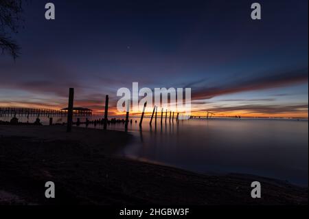 Live Oaks, Blue Hour, Pilings, Golf von Mexiko, USA Stockfoto