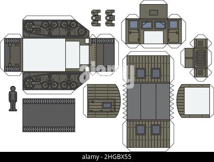 Das Papiermodell eines alten Khaki-grünen militärischen Raupenfahrzeugs Stock Vektor