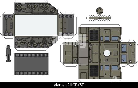 Das Papiermodell eines alten khaki-grünen militärischen gepanzerten Raupenträger Stock Vektor