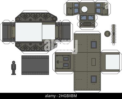 Das Papiermodell eines alten Khaki-grünen militärischen Raupenfahrzeugs Stock Vektor