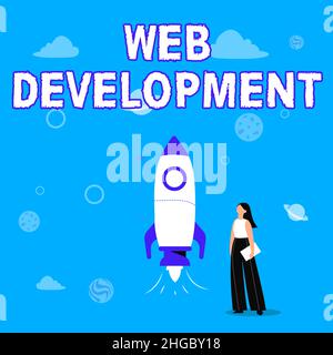 Hand schreiben Zeichen Web Development. Business Overview Arbeiten an der Entwicklung einer Website für das Internet Illustration of Casual Girl Standing beteiligt Stockfoto