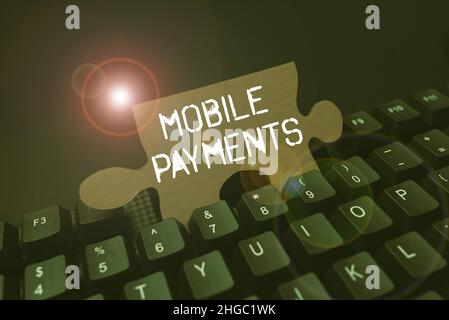 Textüberschrift mit Mobile Payments. Geschäftsidee Finanztransaktion wird über ein Smartphone verarbeitet, das Bildbeschreibungen und Schlüsselwörter eingibt Stockfoto