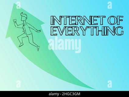 Hand schreiben Zeichen Internet von allem. Wort für intelligente moderne Stadt und drahtloses Kommunikationsnetzwerk Illustration des glücklichen Geschäftsmannes, der aufläuft Stockfoto