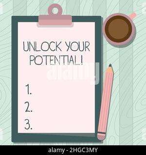Inspiration Zeichen zeigen Entsperren Sie Ihr Potenzial. Internet Concept Mentor, Coach und eine weitere führende Person, um verborgenes Talent zu öffnen Illustration of Pencil Stockfoto