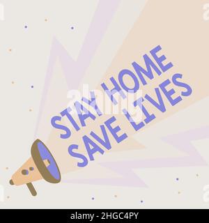 Handschrift Text Stay Home Save Lives. Das Internetkonzept verringert die Anzahl der infizierten Patienten, indem es das Haus nicht verlässt Illustration der Hand Holding Stockfoto