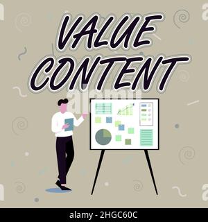 Zeichen, das den Inhalt des Werts anzeigt. Konzeptfoto exklusive Details, auf die ein Kunde nirgendwo zugreifen kann Businessman Drawing Standing Presenting Ideas Stockfoto