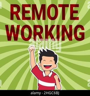 Textüberschrift mit Darstellung von Remote Working. Geschäftskonzept Stil, der Profis erlaubt, außerhalb eines Büros arbeiten fröhlichen Mann genießen Stockfoto