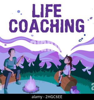 Textschild mit Life Coaching. Business Schaufenster Ermutigung und Beratung auf der Grundlage der aktuellen Zustand Vater und Tochter sitzen neben Stockfoto