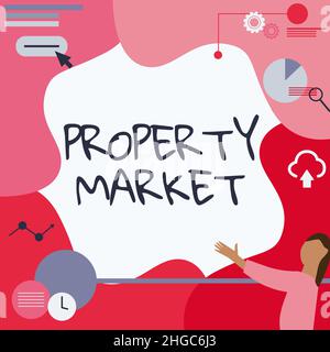 Inspiration mit Schild Property Market. Konzept für den Kauf und Verkauf von Grundstücken und Gebäuden Immobilienmarkt Lady Drawing Standing Holding Stockfoto