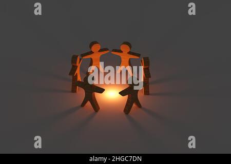 3D Rendering des Bildes. Sechs kleine Holzfiguren von Menschen, die im Kreis tanzen. Konzept von Happy, Unite, Group oder Together. Stockfoto