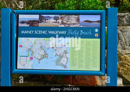 Eine Informationstafel mit einer Karte am Shelly Beach in der Nähe von Manly in Sydney, Australien Stockfoto