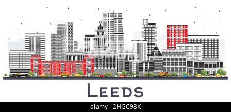 Leeds UK City Skyline mit farbigen Gebäuden isoliert auf Weiß. Vektorgrafik. Leeds Yorkshire Stadtbild mit Wahrzeichen. Stock Vektor