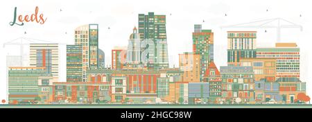 Leeds UK City Skyline mit farbigen Gebäuden. Vektorgrafik. Leeds Yorkshire Stadtbild mit Wahrzeichen. Stock Vektor