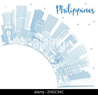 Skizzieren Sie die Skyline von Philippines City mit blauen Gebäuden und Kopierflächen. Vektorgrafik. Reisekonzept mit historischer Architektur. Stock Vektor