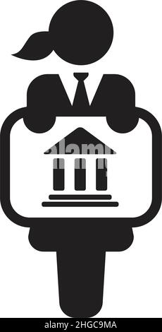 Business Icon Vektor, weibliche Person mit Gebäude Symbol an Bord in einer Glyphe Piktogramm Illustration Stock Vektor