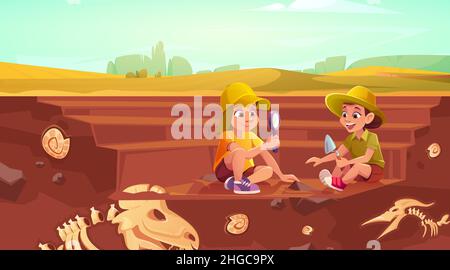 Kinder tun Ausgrabung fossilen Dinosaurier. Kinder in Hüten spielen in Archäologen und Paläontologen. Vektor-Cartoon-Illustration mit Jungen und Mädchen entdecken begraben Skelette und Muscheln in graben Stock Vektor