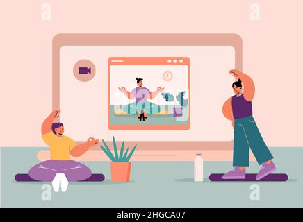 Online-Yoga-Kurse, Frauen trainieren zu Hause vor dem Computerbildschirm, weibliche Charaktere meditieren in Lotusposition, machen Asana, schauen sich Videos an. Gesunde Aktivität Linienkunst flache Vektor-Illustration Stock Vektor
