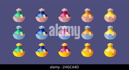 Spiel-Symbole von Flaschen mit Zaubertrank, Gift, Alchemie Elixier oder chemische. Vector Cartoon Set aus Fantasy-Glas-Fläschchen mit goldenen, silbernen und bronzenen Korken, Etiketten und Farbtränke Stock Vektor