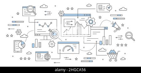 SEO-Optimierung abstrakter Geschäftshintergrund mit Doodle-Symbolen. Diagramm, Lupe, Dokument, Zahnrad und Ziel mit Pfeil, Lautsprecher, Zahnräder, pc-Desktop und Karten, Linienkunstvektorkonzept Stock Vektor