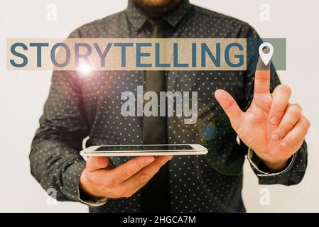 Konzeptionelle Darstellung Storytelling. Wort geschrieben über soziale und kulturelle Aktivität mit theatralischen Gesten präsentiert New Technology Ideen diskutieren Stockfoto