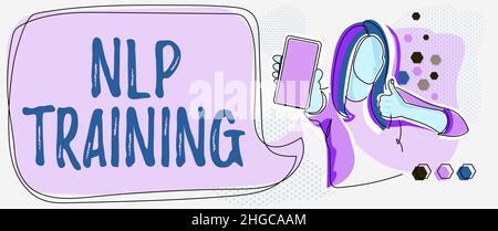 Konzeptunterschrift NLP-Schulung. Konzept Bedeutung Worte haben Macht Ansatz umfasst Seminar, Coaching, Training, und Beratung Linie Zeichnung für Lady Stockfoto