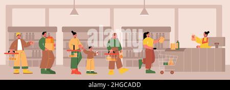 Menschen stehen in der Schlange im Supermarkt. Gäste warten in einer langen Schlange bis zum Kassenschalter im Geschäft. Vektor-flache Darstellung des Marktes mit Kassierer und Käufer mit Einkaufskörben und Warenkorb Stock Vektor