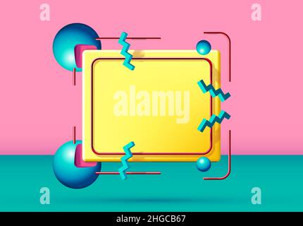 Abstrakter Rahmen im 90er-Stil mit fliegenden 3d-Objekten und -Formen. Rosa und grüner Hintergrund. Stock Vektor